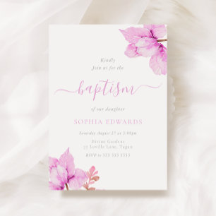 Pretty Pink Flowers Baby Girls Baptism Invitation