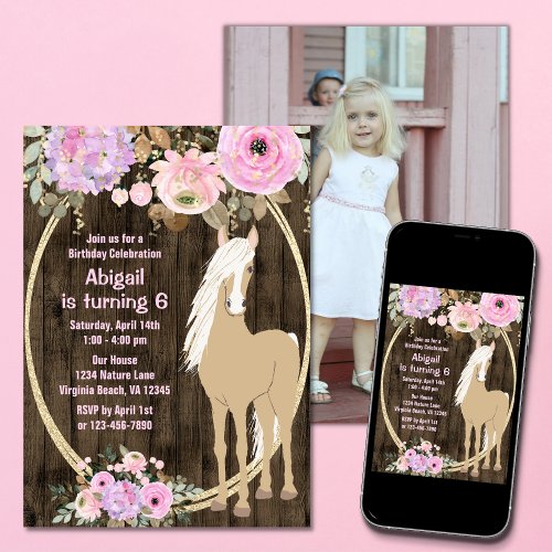 Pretty Pink Flowers Barnwood  Photo Horse Birthday Invitation