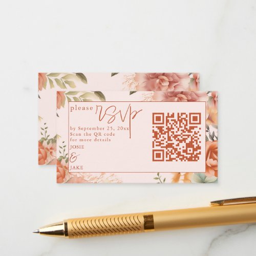 Pretty pink Flowers Border wedding RSVP QR Code Enclosure Card
