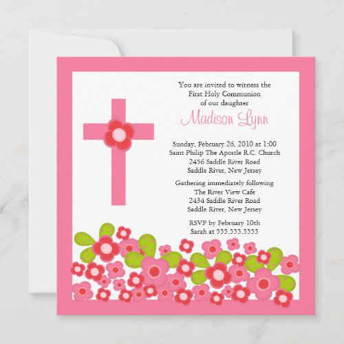 Pretty Pink Flowers &amp; Cross First Holy Communion Invites