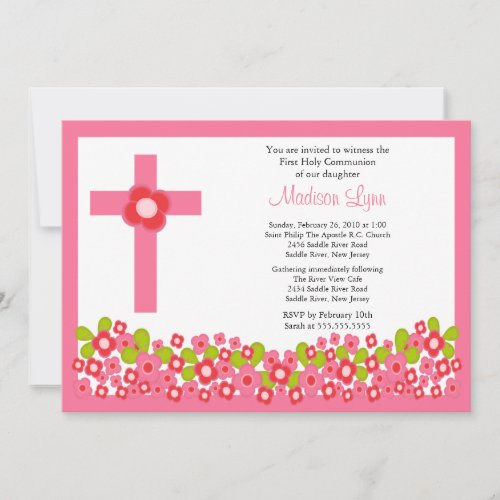 Pretty Pink Flowers  Cross First Holy Communion Invitation