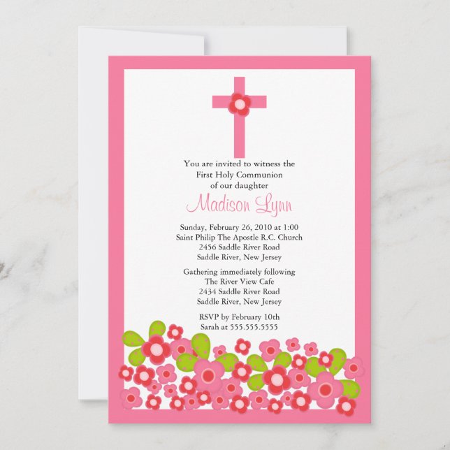 Pretty Pink Flowers & Cross First Holy Communion Invitation (Front)