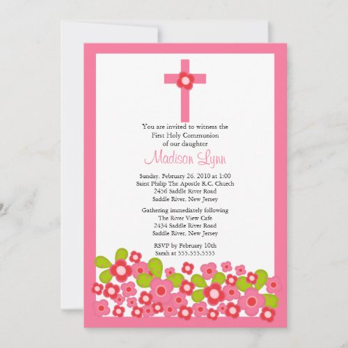 Pretty Pink Flowers &amp; Cross First Holy Communion Invites