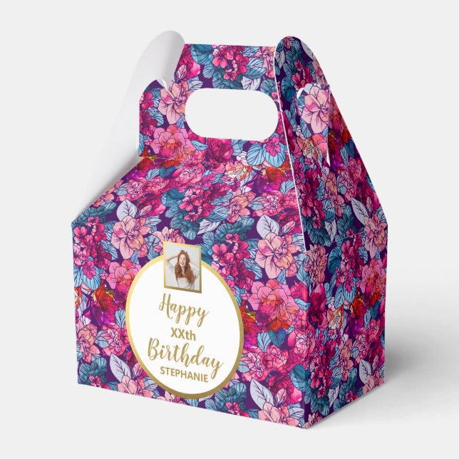 Pretty Pink Flowers, Custom Photo, Happy Birthday Favor Boxes (Front Side)