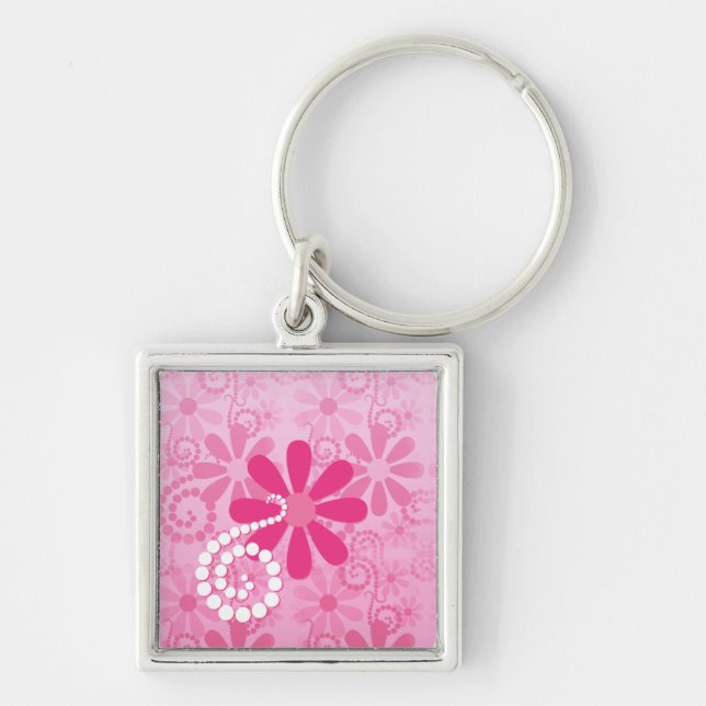 Pretty Pink Flowers Cute Retro Daisy Pattern Keychain (Front)