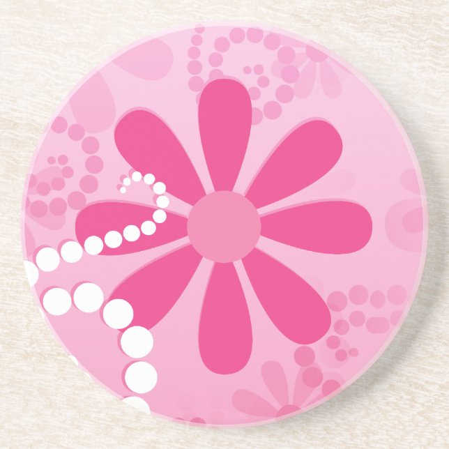 Pretty Pink Flowers Cute Retro Daisy Pattern Sandstone Coaster (Front)