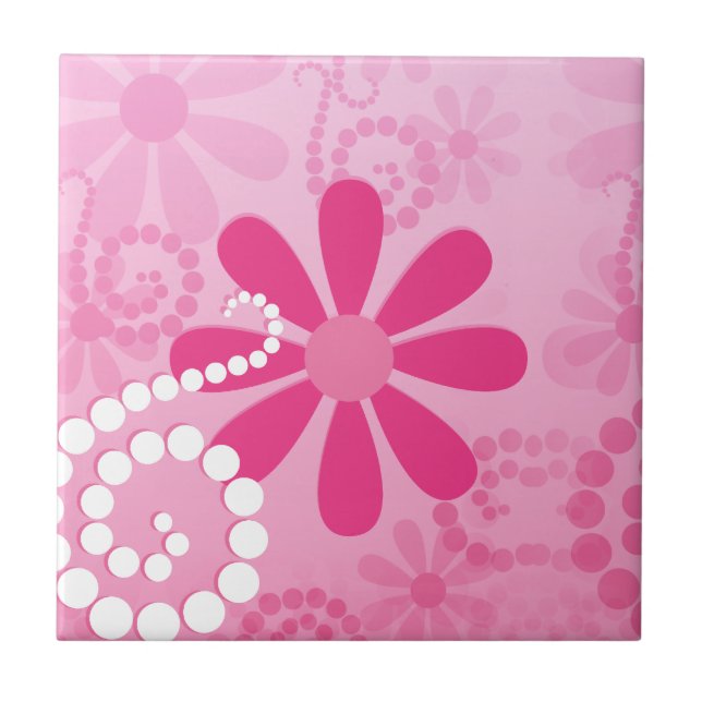 Pretty Pink Flowers Cute Retro Daisy Pattern Tile (Front)