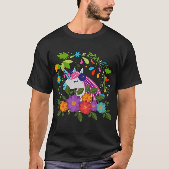 Pretty Pink Flowers Cute Unicorn Merry Christmas   T-Shirt (Front)