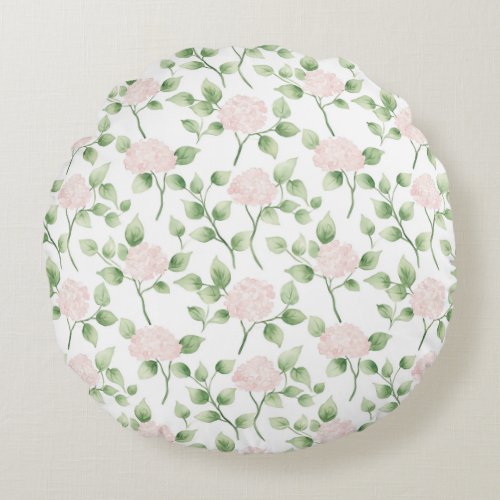 Pretty Pink Flowers Green Leaves Baby Shower Round Pillow