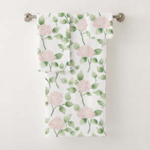 Pretty Pink Flowers Green Leaves Bath Towel Set