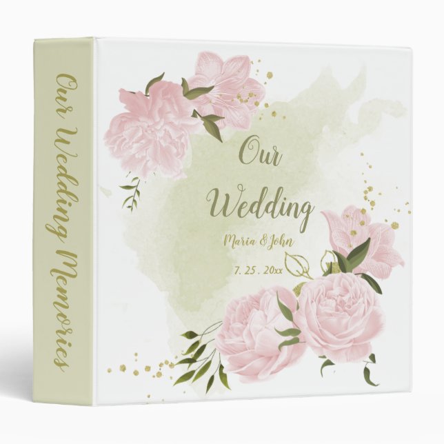 pretty pink flowers green leaves photo album 3 ring binder (Front/Spine)