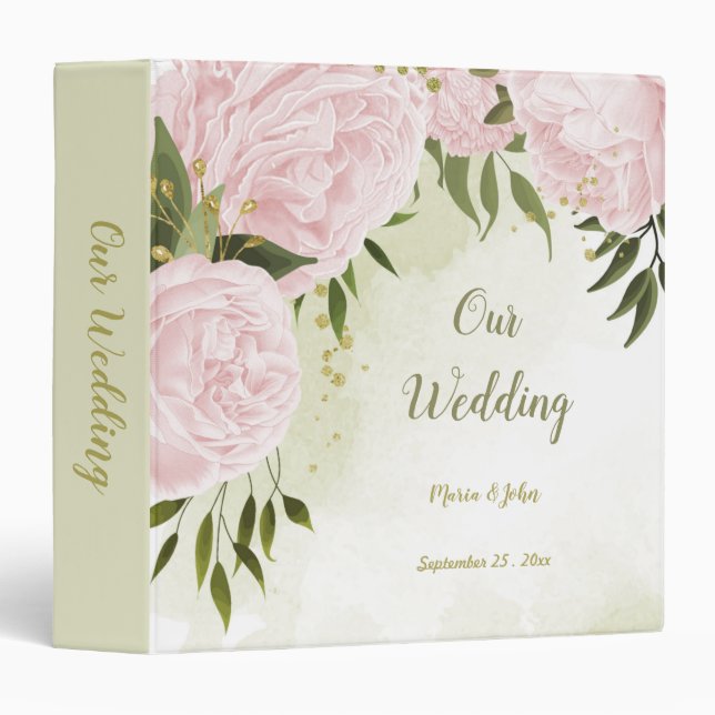 pretty pink flowers green leaves photo album 3 ring binder (Front/Spine)