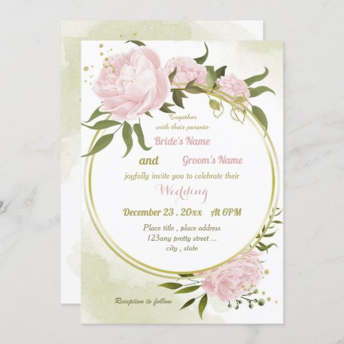 pretty pink flowers greenery geometric wedding invitation