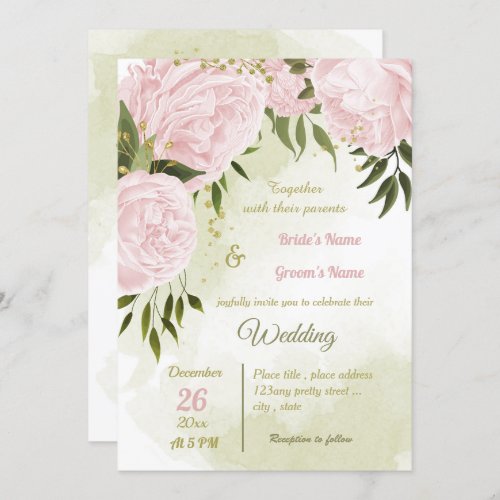 pretty pink flowers greenery geometric wedding invitation