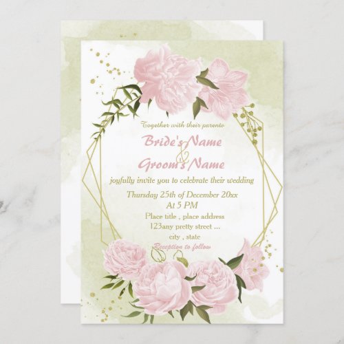 pretty pink flowers greenery geometric wedding invitation