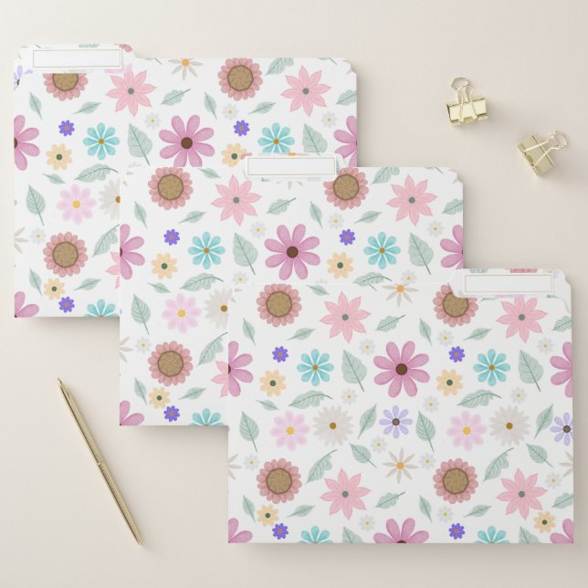 Pretty Pink Flowers Groovy Retro Design File Folder (Set)