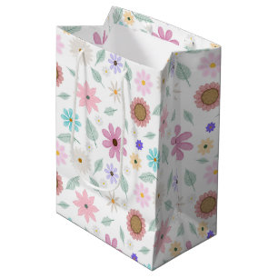 Pretty Pink Flowers Groovy Retro Design Medium Gift Bag