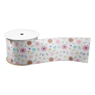 Pretty Pink Flowers Groovy Retro Design Satin Ribbon