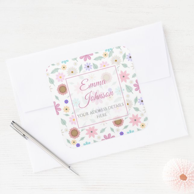 Pretty Pink Flowers Groovy Retro Design Square Sticker (Envelope)