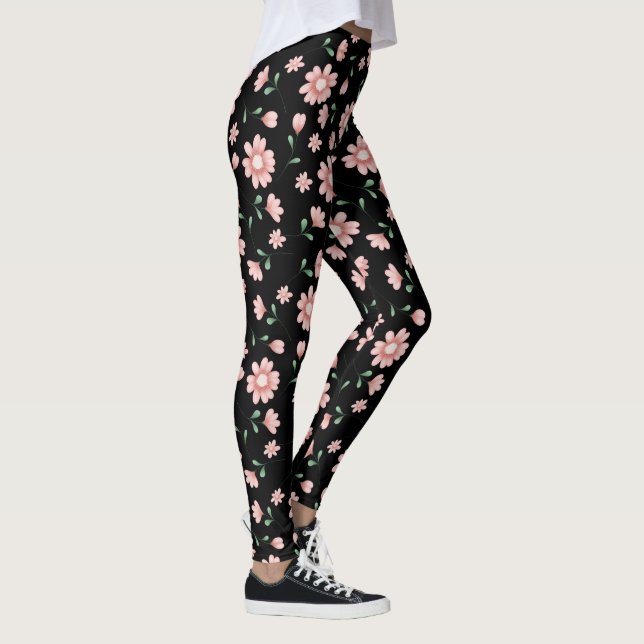 Pretty Pink Flowers On Black Leggings (Right)