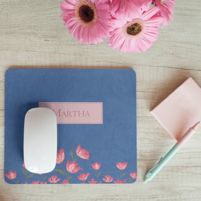 Pretty Pink Flowers on Blue Watercolor Mouse Pad (Creator Uploaded)