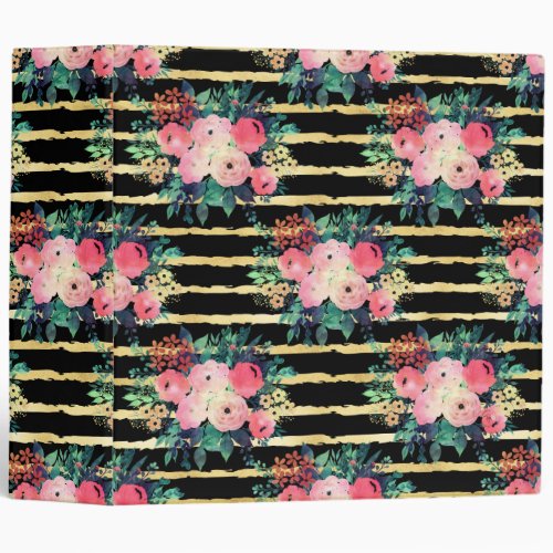 Pretty Pink Flowers Paint Gold Stripes Pattern 3 Ring Binder