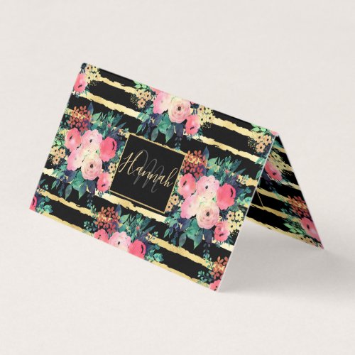 Pretty Pink Flowers Paint Gold Stripes Pattern Business Card
