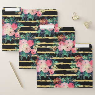 Pretty Pink Flowers Paint Gold Stripes Pattern File Folder