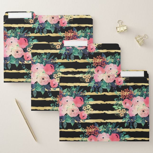 Pretty Pink Flowers Paint Gold Stripes Pattern File Folder (Set)