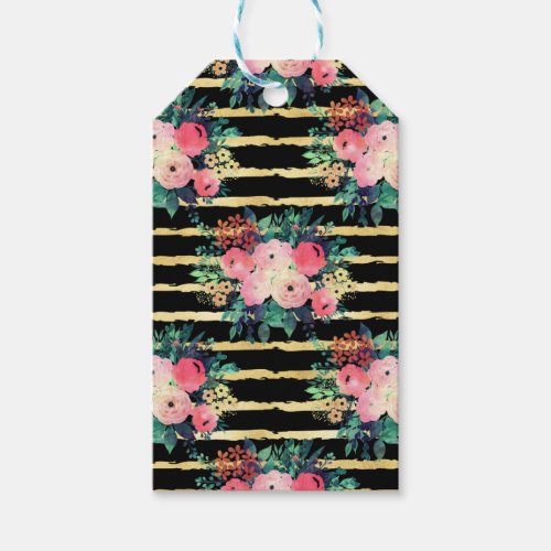 Pretty Pink Flowers Paint Gold Stripes Pattern Gift Tags