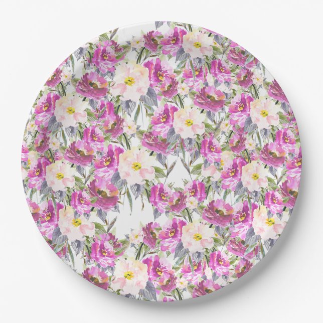 Pretty Pink Flowers Paper Plates (Front)