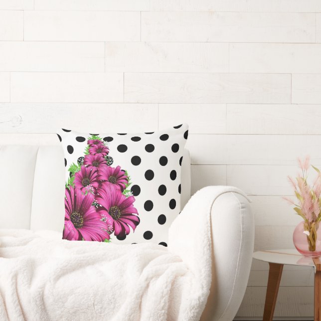 Pretty Pink Flowers Polka Dot Throw Pillow (Couch)