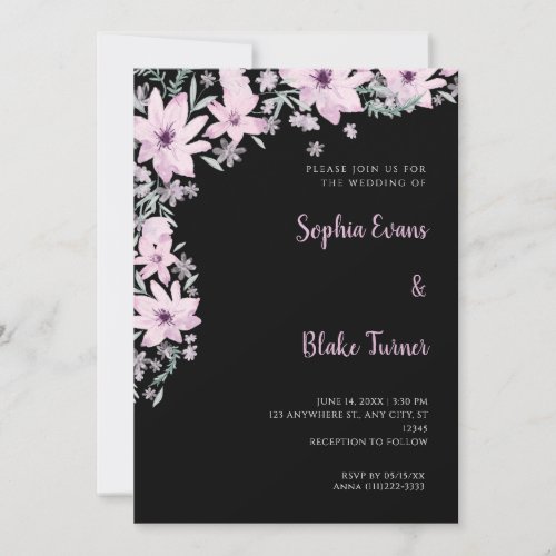 Pretty Pink Flowers Romantic Black Wedding Invitation