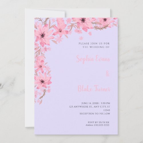 Pretty Pink Flowers Romantic Purple Wedding Invitation