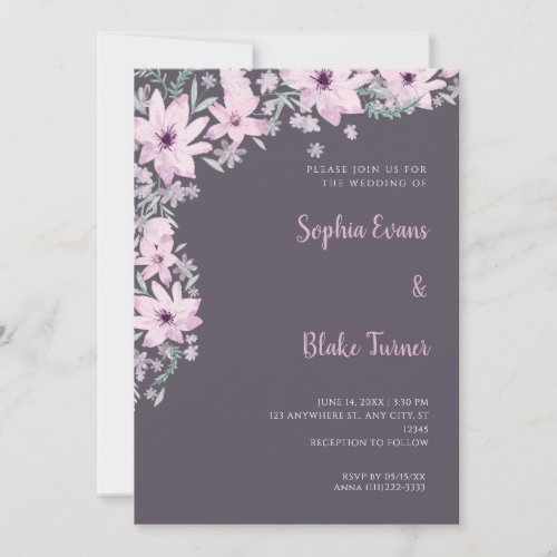Pretty Pink Flowers Romantic Smoke Gray Wedding Invitation