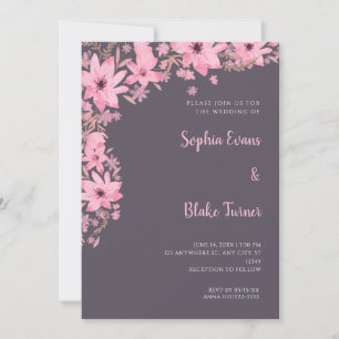 Pretty Pink Flowers Romantic Smoke Gray Wedding Invitation
