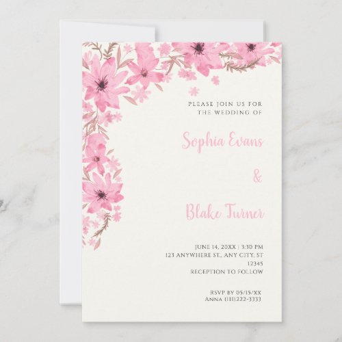 Pretty Pink Flowers Romantic White Cream Wedding Invitation