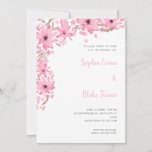 Pretty Pink Flowers Romantic White Wedding Invitation