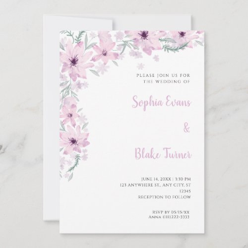 Pretty Pink Flowers Romantic White Wedding Invitation