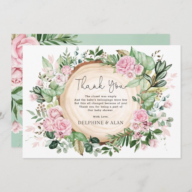 Pretty Pink Flowers Rose Garden Baby Shower Thank You Card (Front/Back)