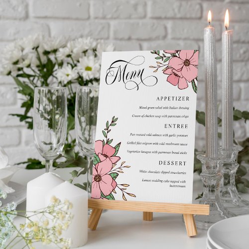 Pretty Pink Flowers Swirly Script Wedding Menu