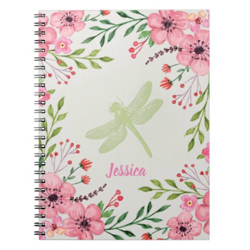 Pretty Pink Flowers With Dragonfly And Name Notebook
