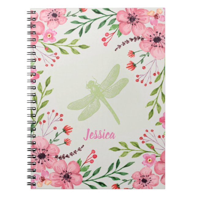 Pretty Pink Flowers With Dragonfly And Name Notebook (Front)