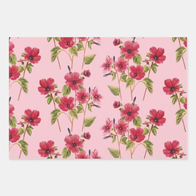 Pretty Pink Flowers Wrapping Paper Sheets (Front)