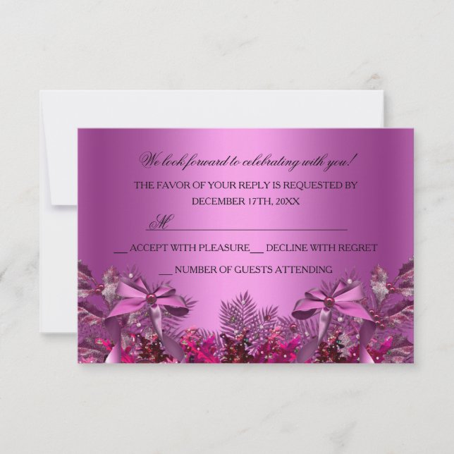 Pretty Pink Foliage & Bow Christmas Party RSVP Invitation (Front)