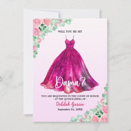 Pretty Pink Formal Quinceaera Dama Proposal Invitation