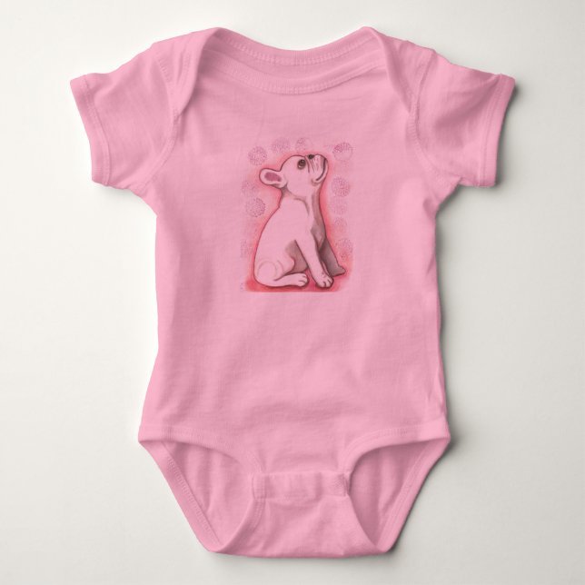 Pretty pink French Bulldog baby bodysuit (Front)