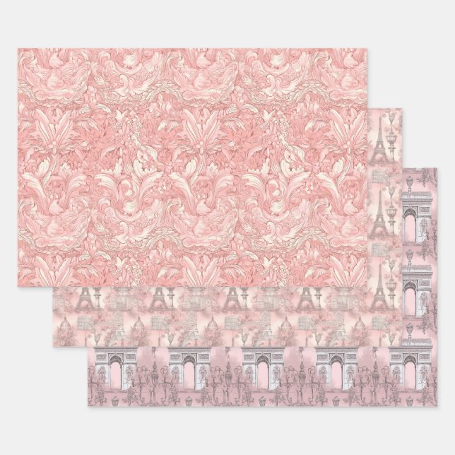 Pretty Pink French Parisian Design Wrapping Paper Sheets (Set)
