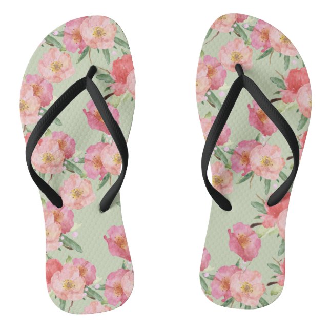 Pretty Pink Garden Flowers Watercolor Flip Flops (Footbed)