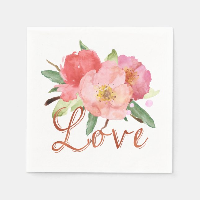 Pretty Pink Garden Flowers Watercolor Love Paper Napkins (Front)